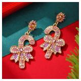 Christmas Bow Cane Dangle Earrings for Women Holiday Earrings Pink Xmas Rhinestone Bow Cane Drop Earrings Christmas Festival Jewelry Gift