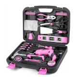 URASISTO Pink Household Tool Set with 3.6V USB Electric Screwdriver, Bulk PCS Home Tool Kit with Cordless Lithium-ion Drill Driver, Hand Tool Kits for Women