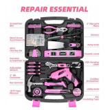 URASISTO Pink Household Tool Set with 3.6V USB Electric Screwdriver, Bulk PCS Home Tool Kit with Cordless Lithium-ion Drill Driver, Hand Tool Kits for Women