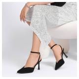 Miorap Closed Pointed Toe Kitten Slingback Heels for Women Ankle Strap Pumps Wedding Party Dressy Comfort Shoes Suede Black Size 7