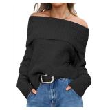 ANRABESS Off The Shoulder Sweaters for Women 2025 Fall Turtleneck Long Sleeve Fuzzy Knit Warm Casual Winter Sweater Black Small