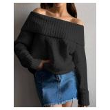 ANRABESS Off The Shoulder Sweaters for Women 2025 Fall Turtleneck Long Sleeve Fuzzy Knit Warm Casual Winter Sweater Black Small