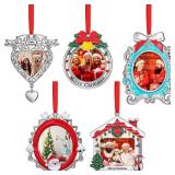Geelin 5 Pcs Christmas Metal Picture Frame Ornament Vintage Enameled Photo Frames 5 Styles Xmas Tree Hanging Ornament Decoration with Ribbon for Xmas Tree Wall Decor