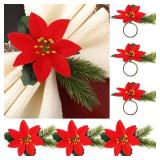 Christmas Pine Cone Napkin Rattan Rings Poinsettia Flower Holder Napkin Ring Berry Xmas Rustic Napkin Ring for Christmas Wedding Birthday Party Dinner Table Decor (Flower Style)