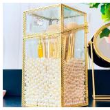 Pumtus Makeup Brush Holder Organizer with Lid, Glass Cosmetic Make Up Brushes Container, Clear Makeup Tool Storage Box Cup with Pearls, Vintage Dustproof Vanity Decor for Countertop Desktop