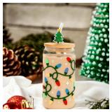 Joyseller Christmas Gifts, 18oz Color Changing Christmas Lights Iced Coffee Can Glass, X-mas Glass Cup with Lid and Straw, Holiday Tumbler