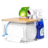 iCASA Trash Bag Dispenser Holder, 2-in-1 Under Sink Organizer with Clear Acrylic Box & Bamboo Lid, Holds Large Rolls up to 100 Count, Garbage Bags Storage Container for Kitchen, Pantry, Laundry Room