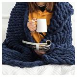 Hearth & Stone Chunky Knit Blanket Throw 50 x 60, 3.7 lbs Handwoven Soft Chenille Yarn, Fluffy and Smooth Machine Washable Cable Knit Blanket for Couch, Bed, and Living Room Navy Blue
