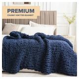 Hearth & Stone Chunky Knit Blanket Throw 50 x 60, 3.7 lbs Handwoven Soft Chenille Yarn, Fluffy and Smooth Machine Washable Cable Knit Blanket for Couch, Bed, and Living Room Navy Blue