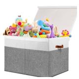 Gowee Large Toy Storage Box with Lid, Sturdy Toys Storage Chest Bin Organizer Basket with Dividers for Kids, Boys, Girls, Nursery, Closet, Bedroom, Playroom 26x17 x17 (Grey and White)