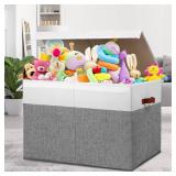 Gowee Large Toy Storage Box with Lid, Sturdy Toys Storage Chest Bin Organizer Basket with Dividers for Kids, Boys, Girls, Nursery, Closet, Bedroom, Playroom 26x17 x17 (Grey and White)