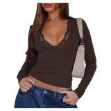 ZREQV Long Sleeve T Shirts for Women Crop Tops Sexy V Neck Trim Lace Tees Y2K Spring Fashion Slim Fitted Going Out Tops Dark Brown M