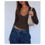 ZREQV Long Sleeve T Shirts for Women Crop Tops Sexy V Neck Trim Lace Tees Y2K Spring Fashion Slim Fitted Going Out Tops Dark Brown M