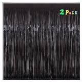 Black Tinsel Fringe Backdrop Curtains for Parties, Melsan 3.2 x 8 ft Black Streamer Photo Backdrop for Birthday, Graduations, New Year Eve Party Decor - Pack of 2