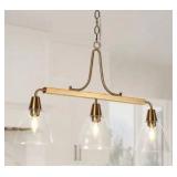 LNC Minimalist Modern 3-Light Brass Linear Chandelier with Classic Bell Clear Glass Shades