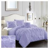 EVOLIVE 3pc Set Pinch Pleat/Kiss Pleat, Pintuck Down Alternative Comforter Set with Pompom (Twin, Purple) - Retail: $60