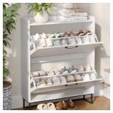 $130 Maupvit Shoe Storage Cabinet with 2 Flip Louvered Doors, White