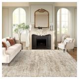$300 12x15 Washable Area Rug, Brown Neutral Abstract, Non-Slip