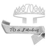 FUNSACHY 70th Birthday Sash & Rhinestone Tiara Set, 70 Year Old Birthday Gifts for Her Birthday Crown Party Decorations for Women (70th-Silver) BROKEN