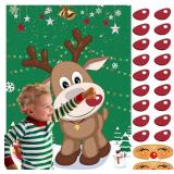 FINGOOO Pin The Nose on The Reindeer,Large Christmas Reindeer Poster Games for Kids Christmas Party Games