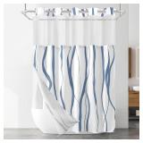 SSCRCUSLY No Hook Shower Curtain with Snap in Liner Set, Blue and White Striped Design, Waterproof Washable Fabric Hotel Shower Curtains for Bathroom Decor with See Through Mesh Top Window 71x74 Inch