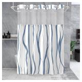 SSCRCUSLY No Hook Shower Curtain with Snap in Liner Set, Blue and White Striped Design, Waterproof Washable Fabric Hotel Shower Curtains for Bathroom Decor with See Through Mesh Top Window 71x74 Inch