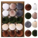 GYGOT 15 PCS Velvet Ornaments for Christmas Tree,3.15 in Large Velvet Christmas Tree Ornaments,6 Color Shatterproof Green Brown Neutral Flocked Ornament Balls Bulbs for Holiday Decorations
