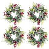 4 Pcs Christmas Mini Wreaths Candle Rings Wreath Artificial Xmas Cabinet Decoration Snowies Norfolk Pine Garland Red Berry Pinecones Advent Winter Greenery Holiday Decor Accent for Table Centerpiece