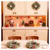 4 Pcs Christmas Mini Wreaths Candle Rings Wreath Artificial Xmas Cabinet Decoration Snowies Norfolk Pine Garland Red Berry Pinecones Advent Winter Greenery Holiday Decor Accent for Table Centerpiece