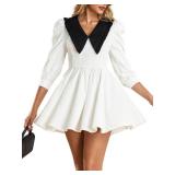 Kaei&Shi Peter Pan Collar Dress,Puff Sleeve Babydoll Mini Dresses for Women,Cute Fall Date Night Outfit White Small