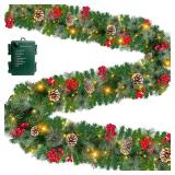 Timer & 8 Modes 9 Ft Prelit Christmas Garland 50 LED Warm White Lights Cedar Valentines Garland Battery Operated 270 Thick Branch Bristle Pine 70 Red Berries 10 Pinecones Mantle Home Decor Outdoor