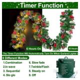 Timer & 8 Modes 9 Ft Prelit Christmas Garland 50 LED Warm White Lights Cedar Valentines Garland Battery Operated 270 Thick Branch Bristle Pine 70 Red Berries 10 Pinecones Mantle Home Decor Outdoor