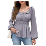 Womens Puff Long Sleeve Babydoll Tops Square Neck Ruffle Peplum Blouse Smocked Loose Fit Tunic Top Dressy Tee Shirts Grey XL