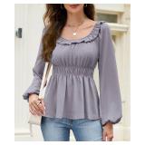 Womens Puff Long Sleeve Babydoll Tops Square Neck Ruffle Peplum Blouse Smocked Loose Fit Tunic Top Dressy Tee Shirts Grey XL