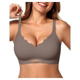 OEAK Womens Wireless Bras Scalloped Push Up Bralettes No Underwire Supportive Tshirt Bra Seamless Comfortable Everyday Bras Grey 2XL