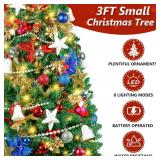 3FT Small Christmas Tree, Tabletop Christmas Trees with 80 LED Lights and 200 Lifelike Branches, Prelit Christmas Tree with 148 Ornaments, Small Xmas Tree for Holiday Indoor DIY Decor