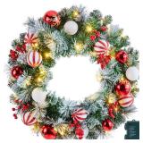 Pre-Lit Artificial Christmas Wreath 24Inch, Christmas Door Decorations Wreath with 50LED Warm Lights, Christmas Balls, Pine Needles, and Red Berries for Front Door Wall Windows X-mas Ornament