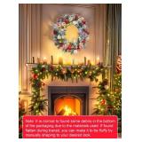 Pre-Lit Artificial Christmas Wreath 24Inch, Christmas Door Decorations Wreath with 50LED Warm Lights, Christmas Balls, Pine Needles, and Red Berries for Front Door Wall Windows X-mas Ornament