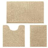 HOMEIDEAS 3 Pieces Bathroom Rugs, Ultra Soft Non Slip Absorbent Chenille Toilet Bath Mat Set (Beige)