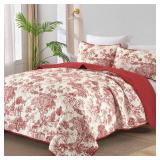 WONGS BEDDING Botanical Quilt Set King Size, Christmas Red 3 Pieces Floral Plants Printed Bedspread Bedding Set Christmas Soft Lightweight Microfiber Coverlet Set for All Season (104x90)