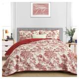 WONGS BEDDING Botanical Quilt Set King Size, Christmas Red 3 Pieces Floral Plants Printed Bedspread Bedding Set Christmas Soft Lightweight Microfiber Coverlet Set for All Season (104x90)