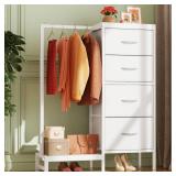 HIGDBFE Dresser with Hanging Rack, 4 Drawers Small Closet for Bedroom, Reversible Fabric Kids Chest of Drawers with Clothes Rack, Tall Storage Tower, Sturdy Frame, White, 44