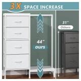 HIGDBFE Dresser with Hanging Rack, 4 Drawers Small Closet for Bedroom, Reversible Fabric Kids Chest of Drawers with Clothes Rack, Tall Storage Tower, Sturdy Frame, White, 44