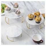 MyGift Modern White Marble Cake Stands, Brass Metal Cupcake Stand Dessert Pedestal Risers, Set of 3
