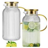 Buaic 2 PACK Glass Pitcher with Lid, 68 oz/ 2 Liter Classic Vertical Stripes Water Pitcher with Yellow Handle,Glass Water Carafe for Cold Brew, Coffee, Lemonade, Iced Sun Tea,Beverage,Heat Resistant