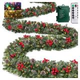 Remote Control&Super Long&8 Modes-18Ft Prelit Snowy Bristle Pine Christmas Garland for Stairs Door Porch Mantle Outdoor Indoor,100 Warm White&Color Switch Lights,Timer,460 Branches 165 Berry Pinecone