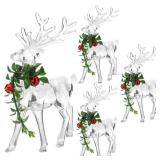Kathfly 4 Pcs Christmas Acrylic Reindeer Figurines Decoration Reindeer Ornaments with Green Mistletoe and Red Bell Berries Clear Deer Statue for Xmas Holiday Party Decor Table Top Centerpiece