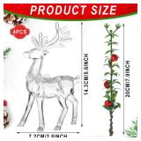 Kathfly 4 Pcs Christmas Acrylic Reindeer Figurines Decoration Reindeer Ornaments with Green Mistletoe and Red Bell Berries Clear Deer Statue for Xmas Holiday Party Decor Table Top Centerpiece