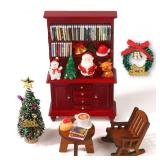 Celltestria 77 Pcs Christmas Dollhouse Miniatures Decorations 1:12 Scale Christma Mini Wooden Bookshelf Furniture Set Tiny Books Desk Chair Trees Hat Kit Dollhouse Xmas Decor