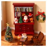 Celltestria 77 Pcs Christmas Dollhouse Miniatures Decorations 1:12 Scale Christma Mini Wooden Bookshelf Furniture Set Tiny Books Desk Chair Trees Hat Kit Dollhouse Xmas Decor